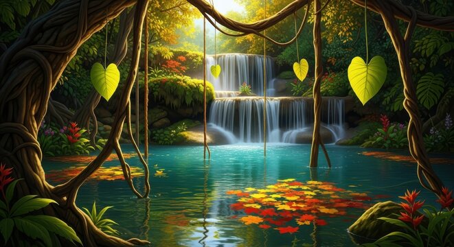 Mystical jungle paradise serene waterfall cascading into turquoise lagoon lush foliage
