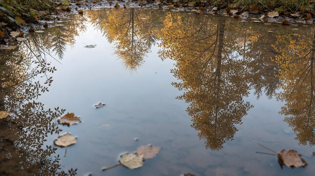 Peaceful Autumn Trees Reflected on a Calm Forest Pond