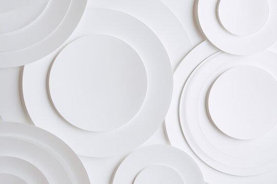 Overlapping white circles create abstract, minimalist 3D layered patterns