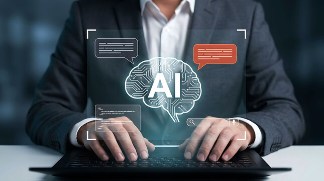 Businessman using laptop with AI digital brain chatbot and search interface