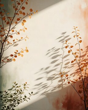 Autumn Leaf Shadows and Warm Sunlight on Minimalist Background