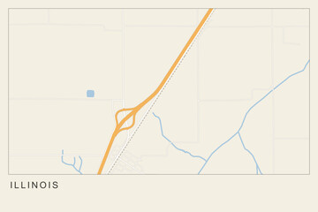 Obraz premium Minimalist map of a highway interchange and rural landscape in illinois, stylized vector illustration of road infrastructure