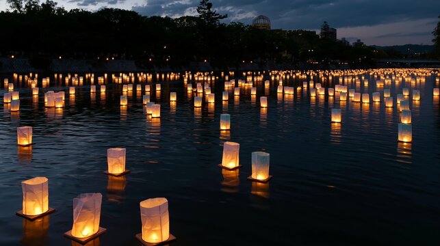 Dusk Lantern Festival with Floating Paper Lanterns on Water