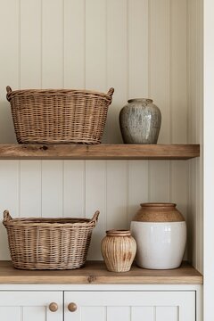 Woven wicker baskets and ceramic jars arranged on wooden shelves in a modern kitchen with cream vertical paneling