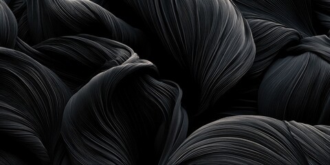 Fototapeta premium Dark, flowing, organic forms with fine, striated textures create a dramatic abstract composition