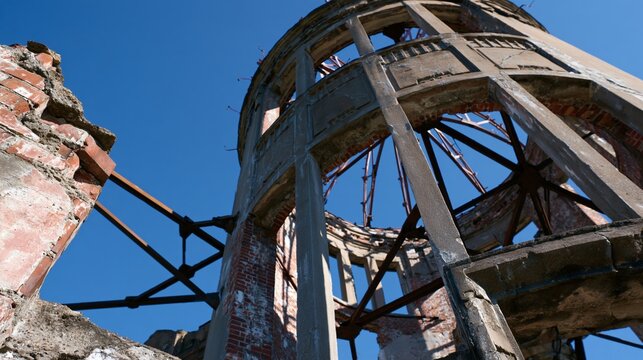Close-up of an abandoned industrial tower with rusted metal structure