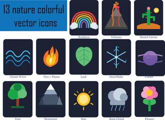 Fototapeta premium Set of 13 colorful nature vector icons including rainbow, volcano, cactus, and more