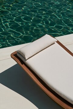 Sculptural teak sun lounger with pale linen cushion beside a turquoise pool in a Tropical Modernism resort setting under bright sunlight