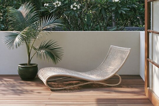 Potted palm sapling beside a rattan lounge chair on a tropical terrace with warm teak decking and lush greenery in the background