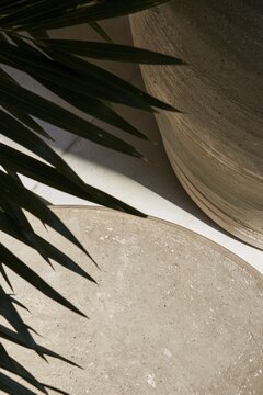 Closeup of hand-thrown stoneware vessel and textured plate beside tropical foliage in a modern lounge setting with soft afternoon light