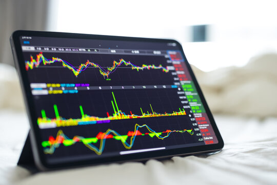 Tablet displaying financial stock market charts indoors