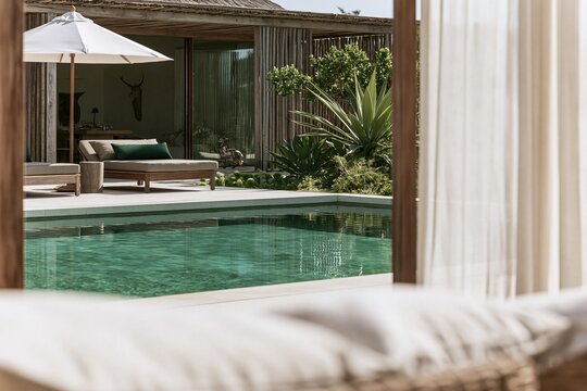 View through a sun lounger frame showcasing a turquoise pool and tropical villa with modern architecture in bright afternoon light