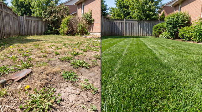 Before and after lawn renovation showing transformation from weedy yard to lush green grass