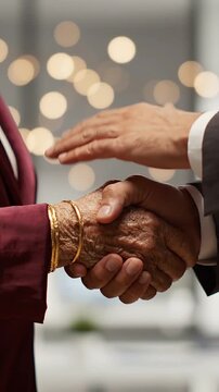 A Warm Greeting: Two Individuals Engaging in a Handshake in a Bright, Modern Office Setting Amidst a Background of Twinkling Lights