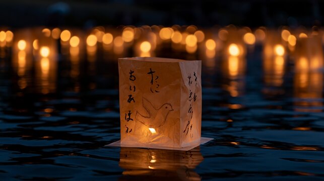 Nighttime Lantern Release Over Water for Memorial or Celebration