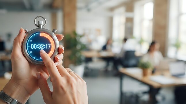 Person holding stopwatch displaying 00:32:17 in modern office