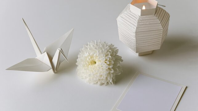 Minimalist Still Life with Origami Crane, Flower, and Geometric Vase