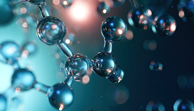 Close-up, glowing, microscopic molecular structure with fluid, bubbly spheres
