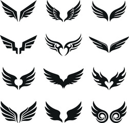 Fototapeta premium Set of black wing icons for logo design and creative graphic art projects isolated on transparent background