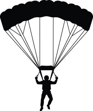 Black silhouette of a person skydiving with a parachute open in the clear sky isolated on transparent background