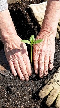 Planting a Seedling: Nurturing Growth in Rich Soil with Gardening Gloves and a Trowel for a Flourishing Garden Environment