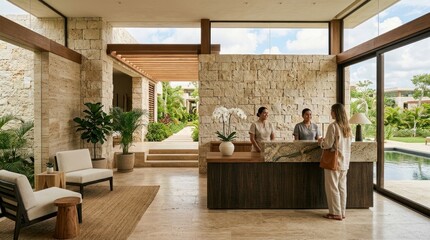 Fototapeta premium Reception area with stone walls, large windows, modern furniture, indoor plants, welcoming staff, and guest