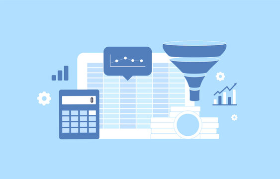 Revenue intelligence for RevOps combines pipeline data, funnel analytics and sales forecasting. Revenue intelligence reveals trends, opportunities and performance metrics vector illustration.