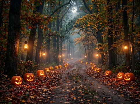 Enchanting Autumn Forest Pathway Lit by Glowing Jack-O'-Lanterns and Warm Lanterns Amidst Fallen Leaves and Mystical Trees