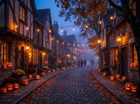 Enchanting Twilight Village Street Glowing with Jack-O'-Lanterns, Warm Cobblestone Path, and Mystical Autumn Atmosphere