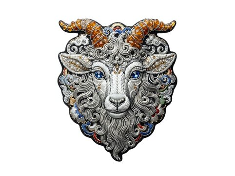 Ornate goat head with decorative scrollwork, golden horns, and blue