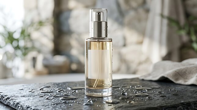 Luxury cosmetic serum bottle on wet stone surface for skincare product presentation