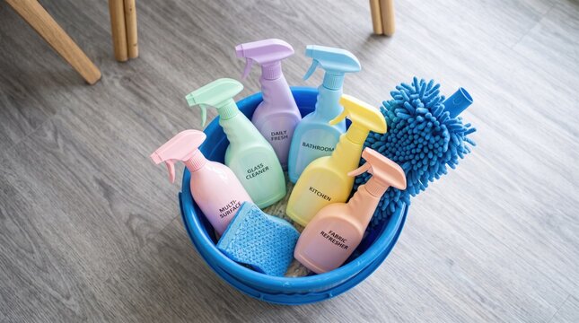 Household cleaning supplies in bucket with spray bottles, sponge, and microfiber duster on wooden floor