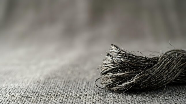 Closeup of black embroidery thread coiled on neutral linen fabric