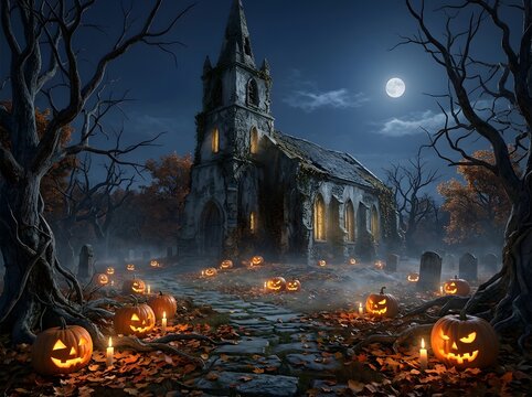 Hauntingly Illuminated Gothic Church Amidst Mystical Jack-O'-Lanterns Beneath a Glowing Moonlit Sky, Autumnal Graveyard Atmosphere