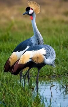 A gorgeous pair of grey crowned cranes standing in a shallow marsh.