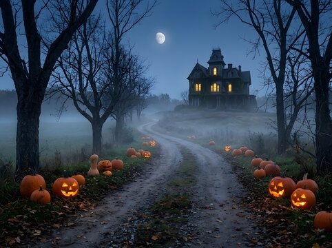 Mysterious Autumn Path Lit by Glowing Jack-O'-Lanterns Leading to a Hauntingly Illuminated Gothic Mansion Under a Mystic Moonlit Sky