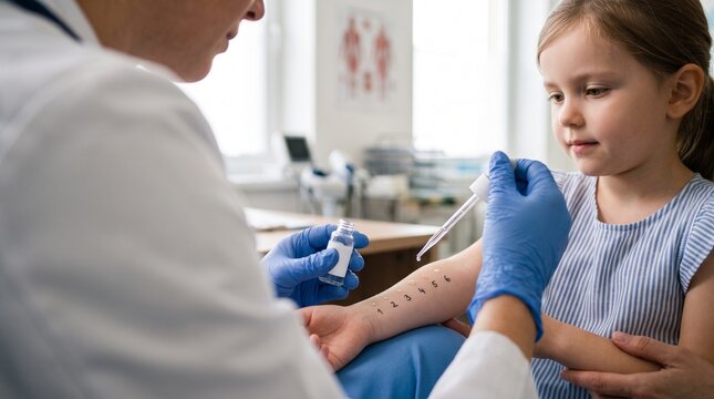 Woman doctor performing allergy skin prick test on little girl forearm in medical clinic. Pediatric allergen diagnosis and immunology examination concept.