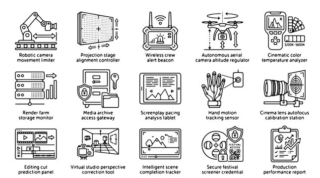 Modern film production icons, set of 15 cinema technology line vectors, digital media and video editing software interface symbols