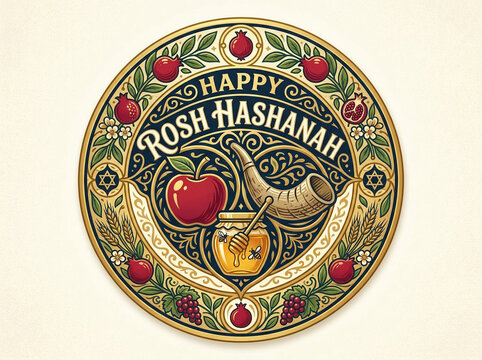 Happy Rosh Hashanah emblem with shofar and honey, vintage circular vector illustration, pomegranate leaves design, Jewish holiday icon