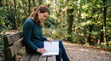 Fototapeta premium Woman journaling on park bench