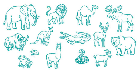 Naklejka premium Handdrawn wild and farm animals including elephant, lion, camel, moose, kangaroo, and crocodile