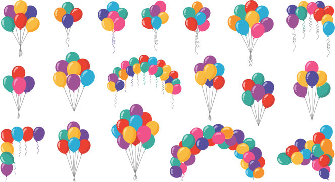 Colorful balloon decoration collection with festive bouquets, arches, garlands, curly ribbons and vibrant party celebration elements
