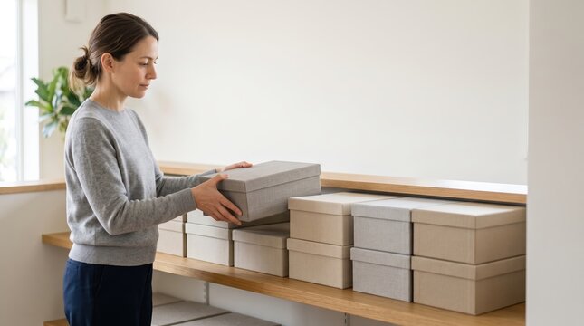 Woman organizing storage boxes