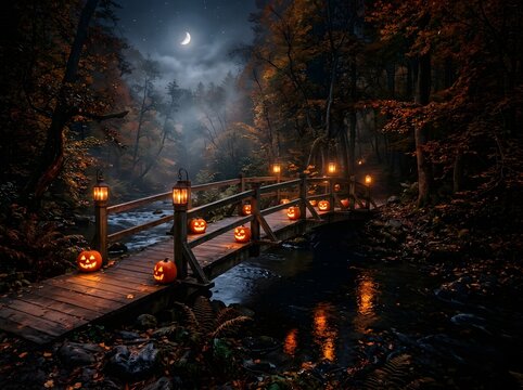 Mystical Autumn Bridge Glowing with Jack-O'-Lanterns Beneath a Moonlit Forest Canopy of Golden Leaves and Misty Shadows