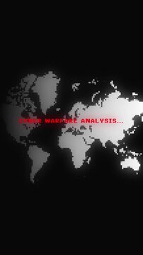 Vertical Dark world map with red digital text CYBER WARFARE ANALYSIS digital distortion loop