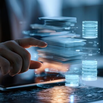 Person's hand interacts with a digital stack of documents and data