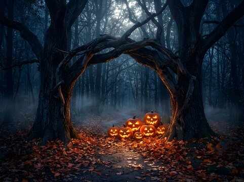Mystical Enchanted Forest Archway Glowing with Jack-O'-Lanterns Amidst Autumnal Twilight and Ethereal Mist
