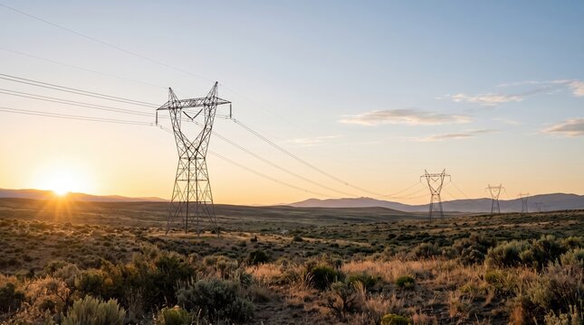 Electricity pylons at sunset