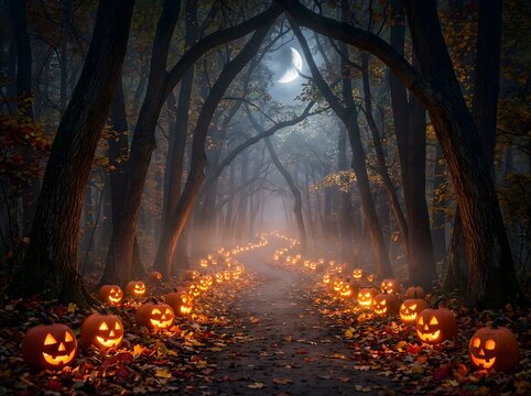 Mystical Glowing Pumpkin Pathway Through Enchanted Autumn Forest Under Mysterious Moonlit Sky