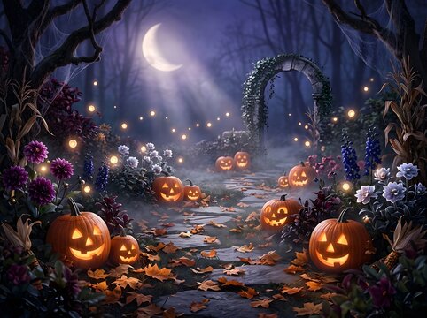Mystical Moonlit Pathway Adorned with Glowing Jack-O'-Lanterns, Whimsical Flowers, and Enchanted Garden Lights Under a Crescent Moon